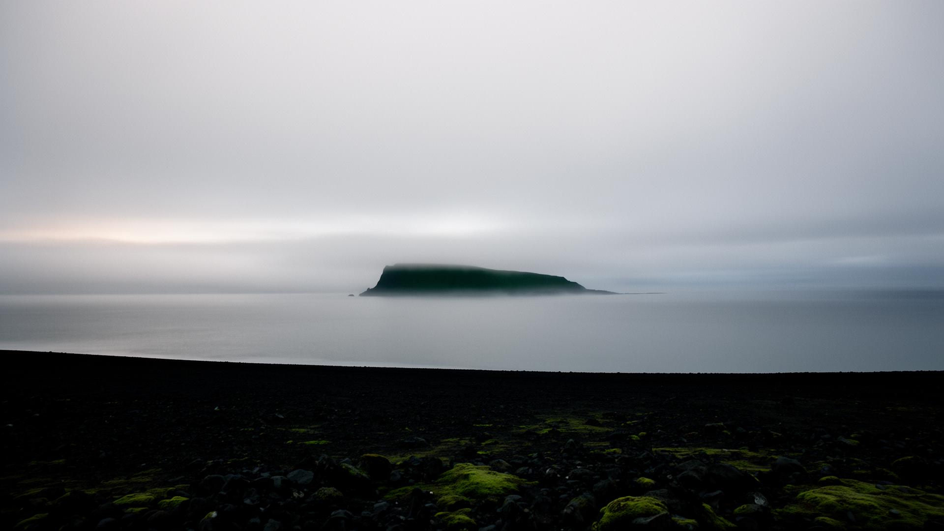 Misty Northern European coastline at first light — black volcanic shore meeting a still grey sea.