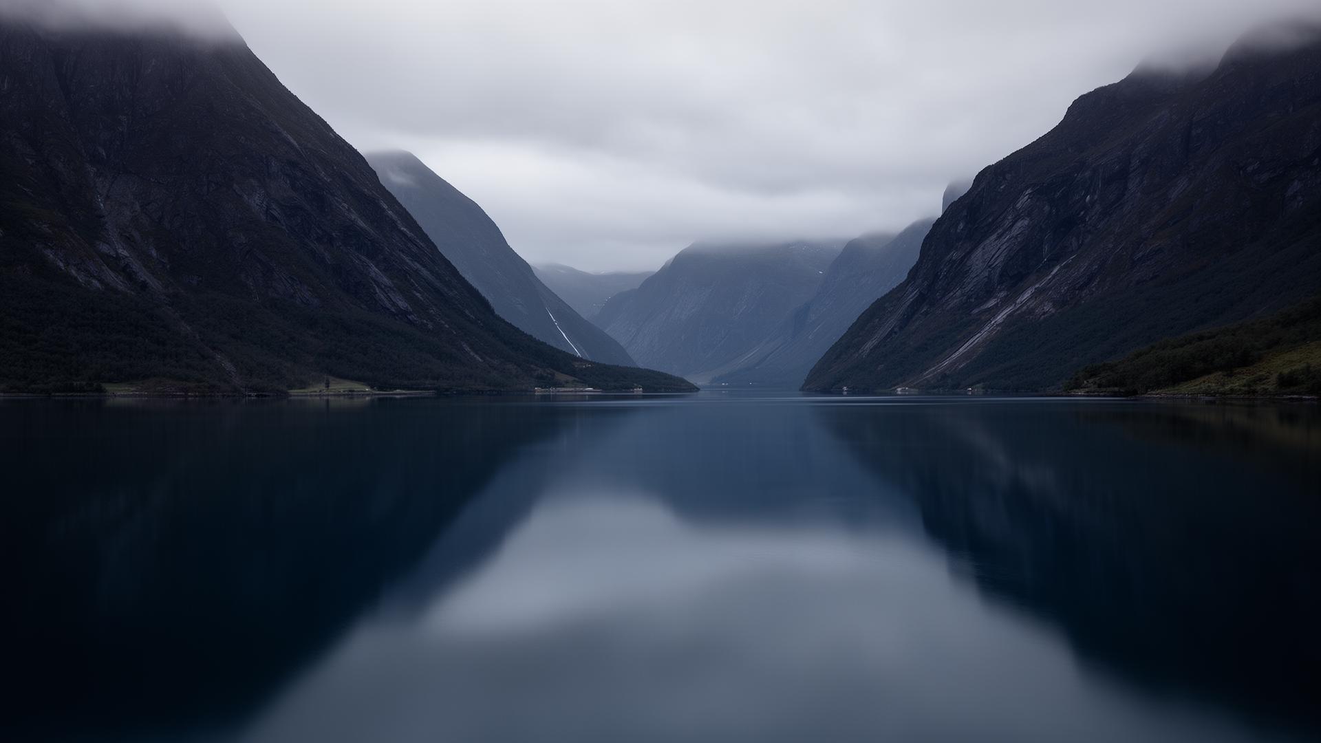 Calm fjord waters reflecting steep mountains — disciplined capital, infrastructure-like duration