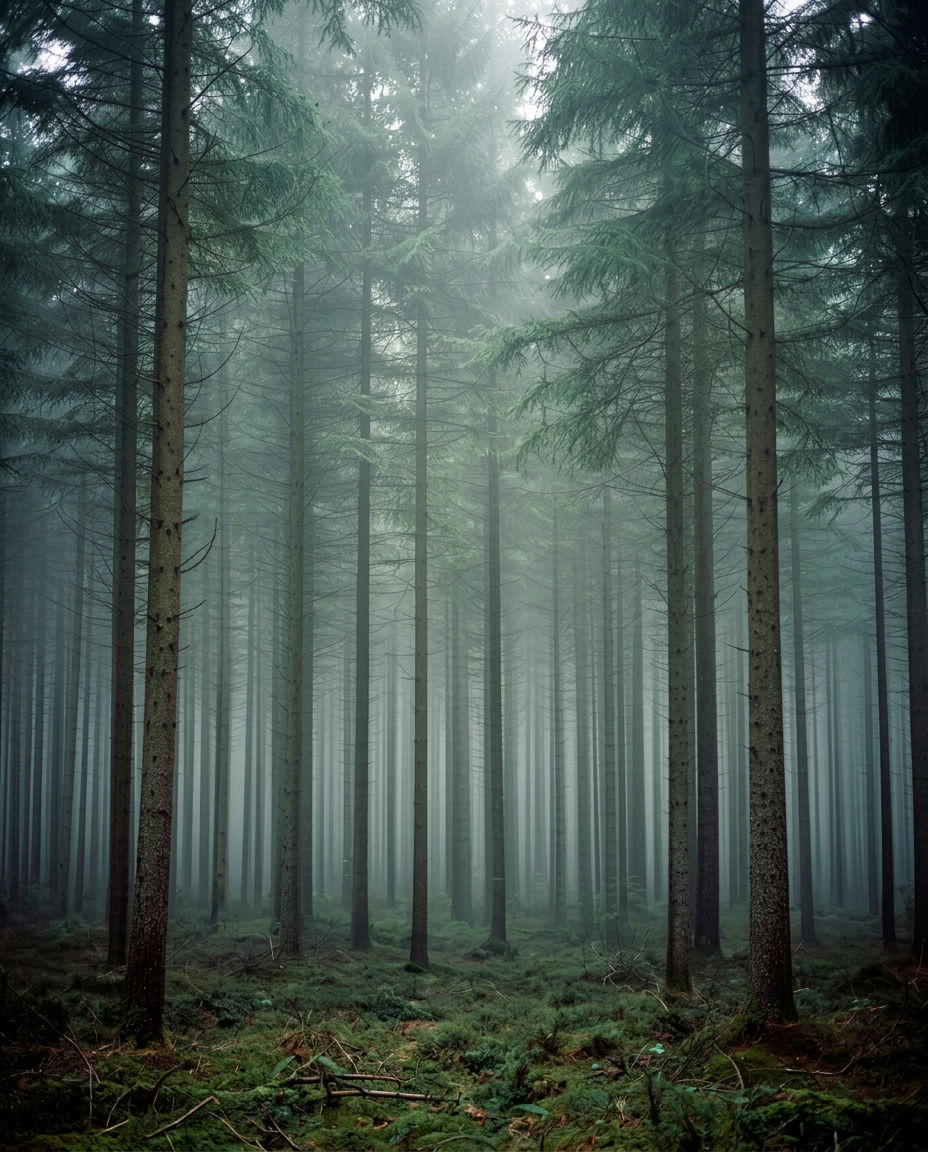 A dense, structured Nordic spruce forest — built but not yet bankable